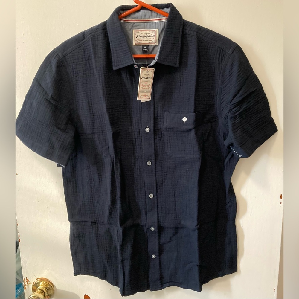 Flag & Anthem Men’s Button Up Navy Shirt Short Sleeve Size Medium 100% Cotton